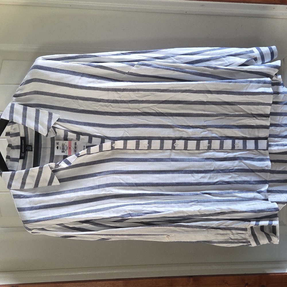 INC Womens Casual Blue and White Striped Shirt With Silver Thread